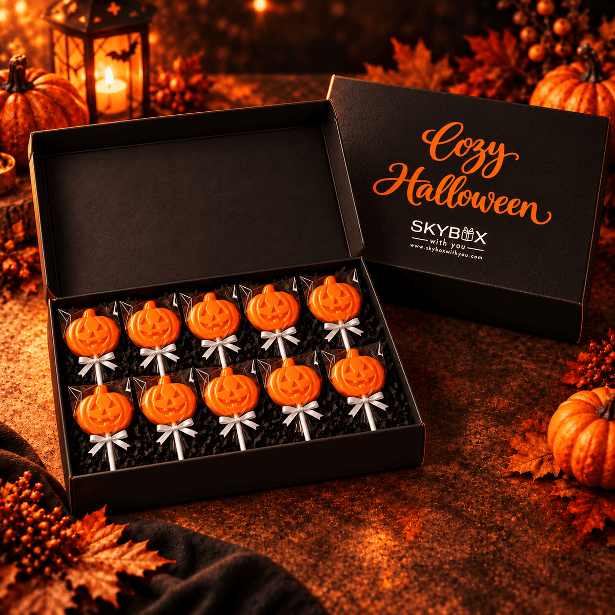 Cozy Halloween Treat Black Pumpkin Lollipop Black Gift Box