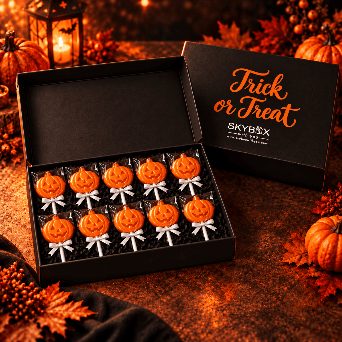 Trick or Treat Black Pumpkin Lollipop Black Gift Box
