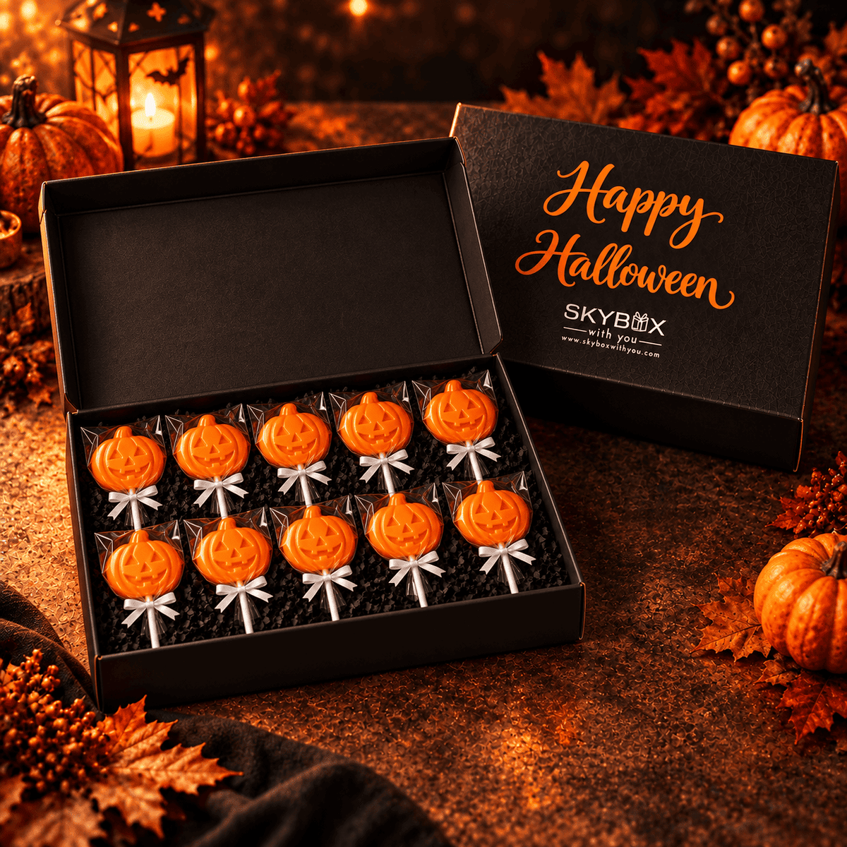 Happy Halloween Treat Black Pumpkin Lollipop Black Gift Box